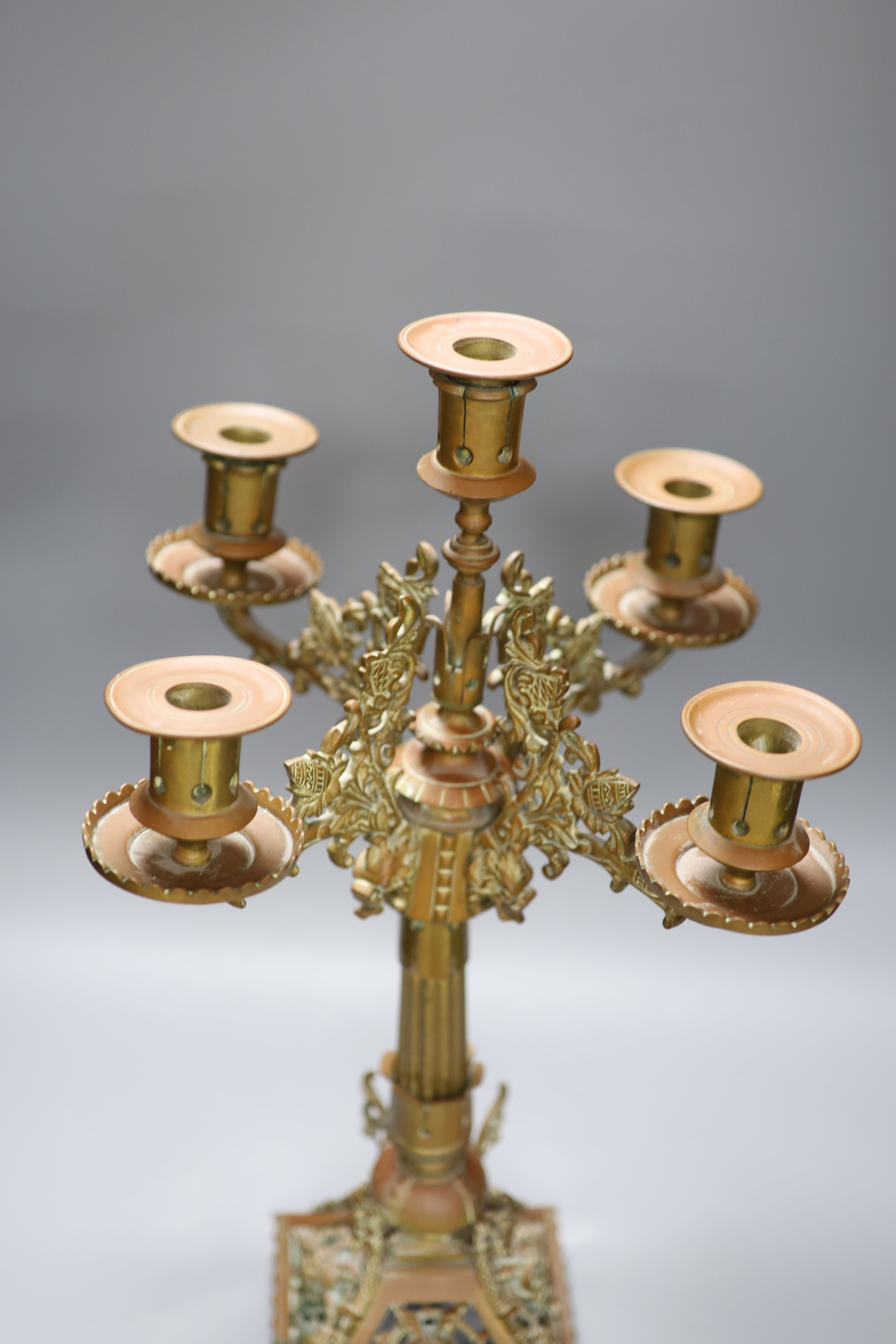 A late 19th century five light gilt bronze candelabrum, in the manner of Dresser, height 57cm